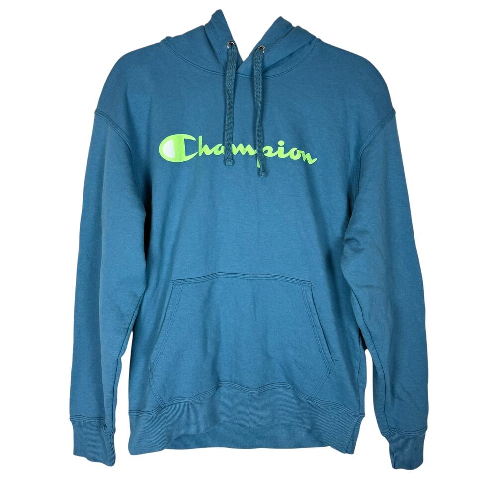 Champion Powerblend Hoodie Men's M Blue Cotton Fleece Lined Logo Drawstring
